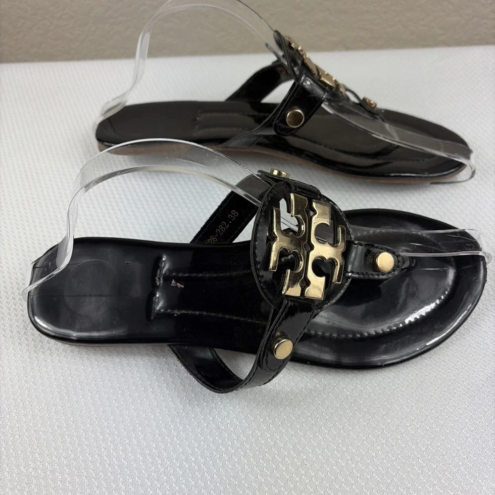 TORY BURCH MILLER SANDAL FLIP FLOP PATENT LEATHER BLACK SIZE 38  Gold‎ T Medal